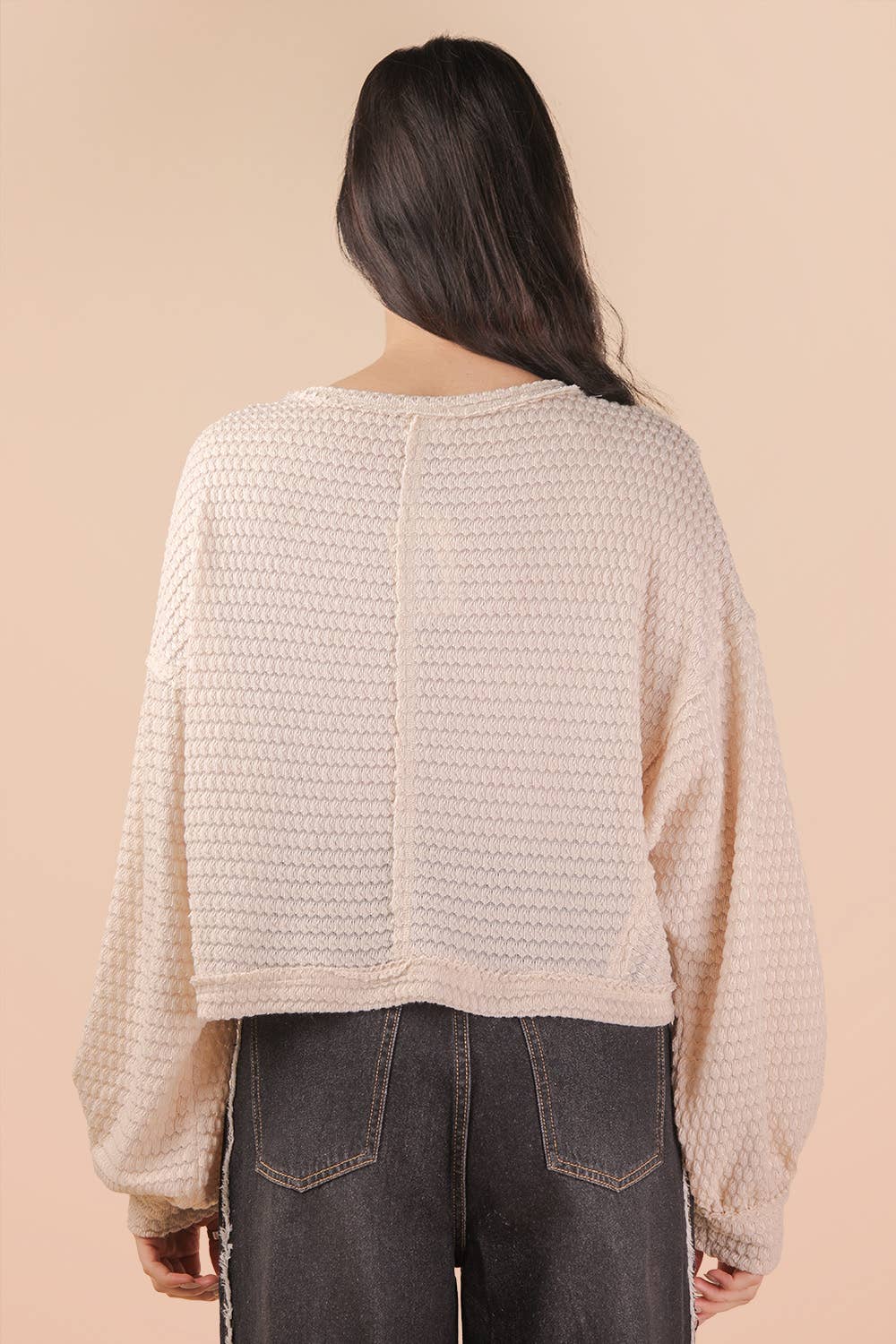 NT11982-Oversized Waffle Solid Knit Causal Top