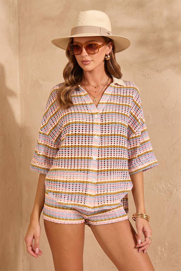 Striped Open-Knit Button-Up Short Set