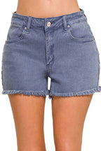 Washed Fray Hem Cotton Denim Shorts - Zenana