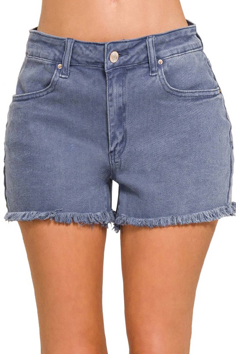 Washed Fray Hem Cotton Denim Shorts - Zenana