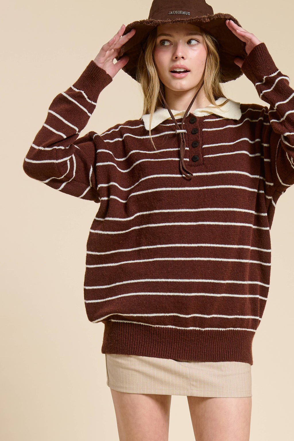 Striped Knit Polo Pullover Sweater