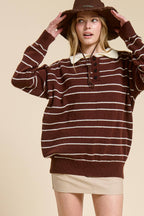 Striped Knit Polo Pullover Sweater