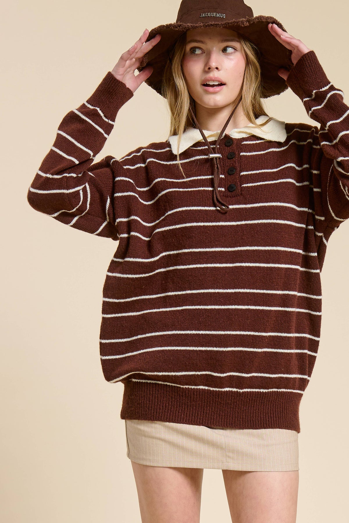 Striped Knit Polo Pullover Sweater