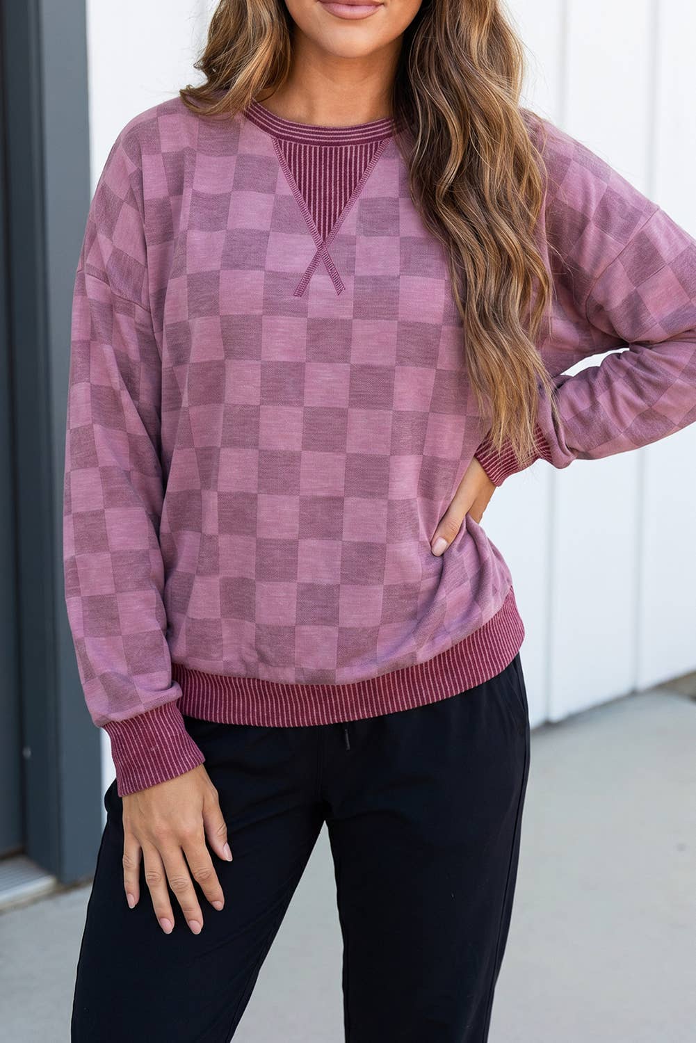 LAS Retro Checkered Patchwork Pullover Top (S-XL)