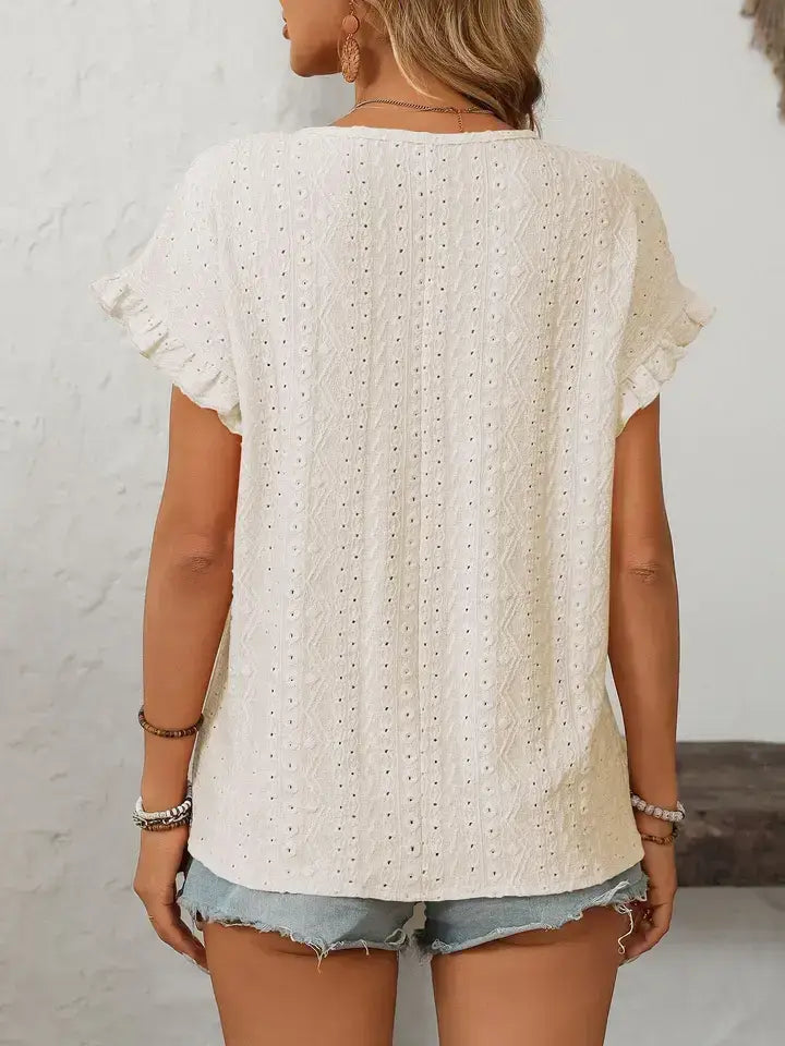 Pink Hollow-Out Crewneck Short Sleeve Summer Top