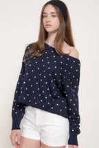 Long Sleeve Asymmetrical Off The Shoulder Dot Sweater Top