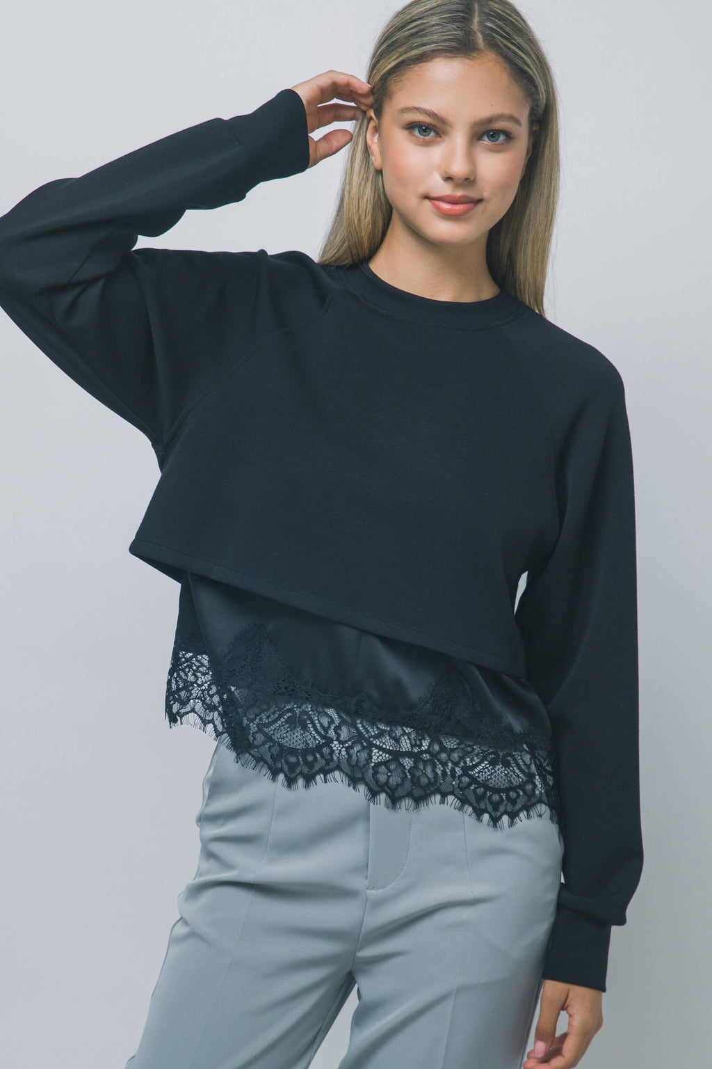 Lace-trimmed Layered Cropped Sweatshirt
