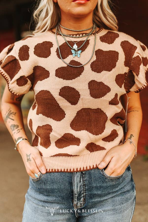 Brown Cow Ruffle Sweatshirt Top