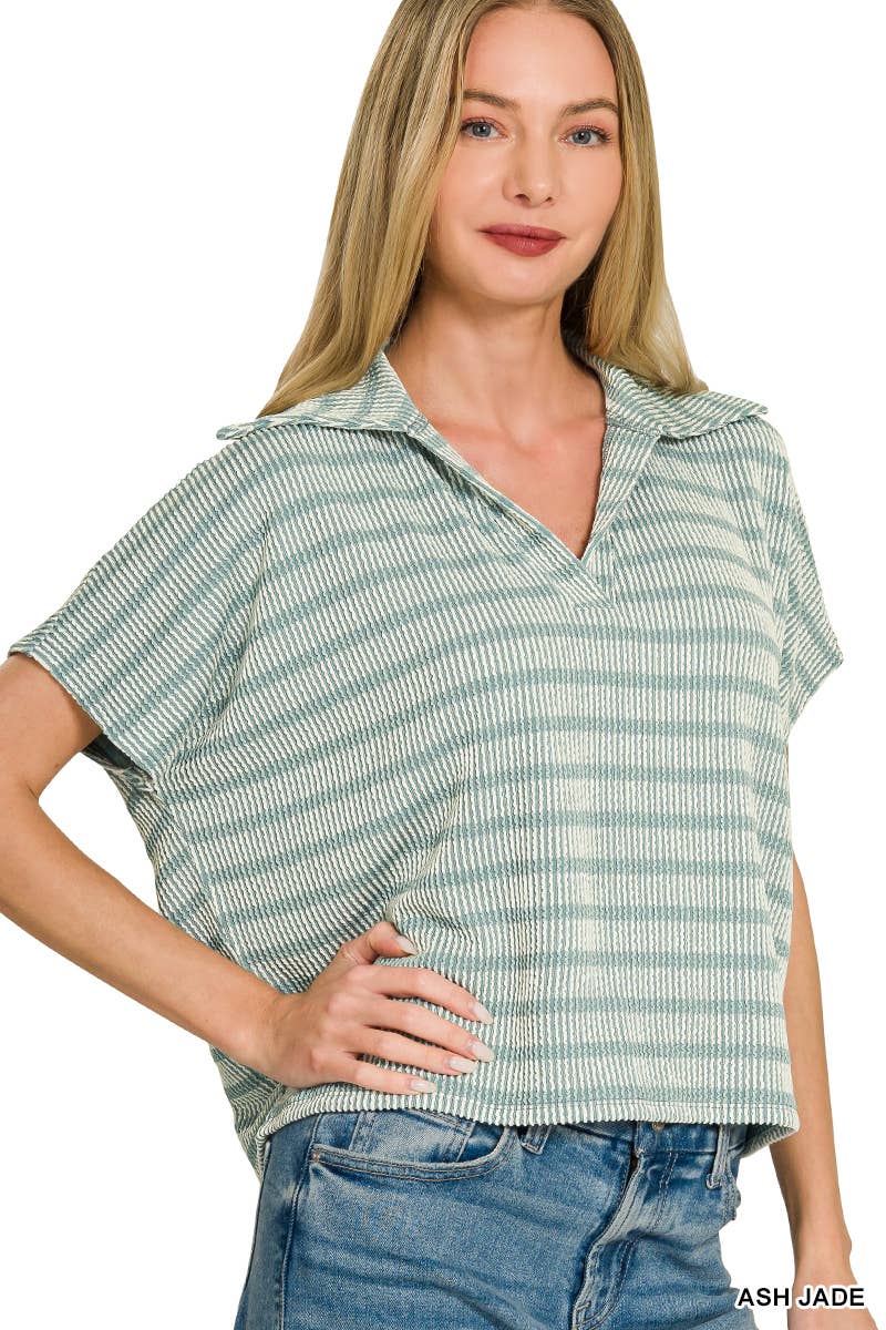 0424 Raised Rib Striped Collared Top SI-29768