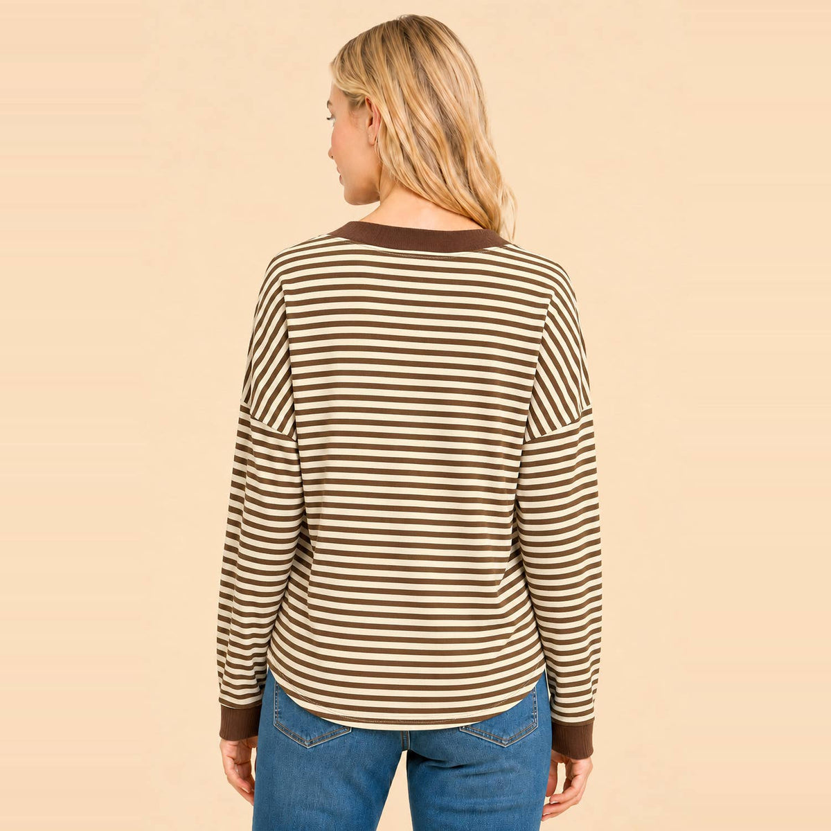 Striped Contrast-Trim Long-Sleeve Top