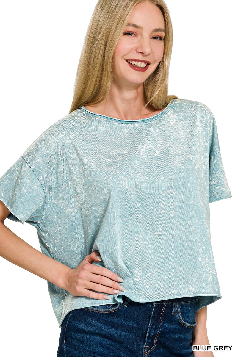 Crinkle washed crew neck short sleeve crop box tee - Zenana