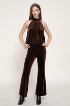 Halter Neck Shirred Hem with Inner Elastic Velvet Top