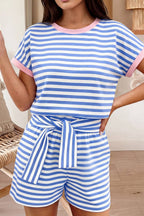 Stripe Contrast Trim Crew Neck Tee & Shorts 2pcs Set (S-XL)