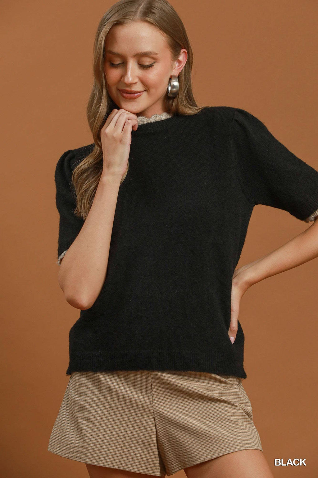 Scalloped Trim Puff Sleeve Knit Sweater Top