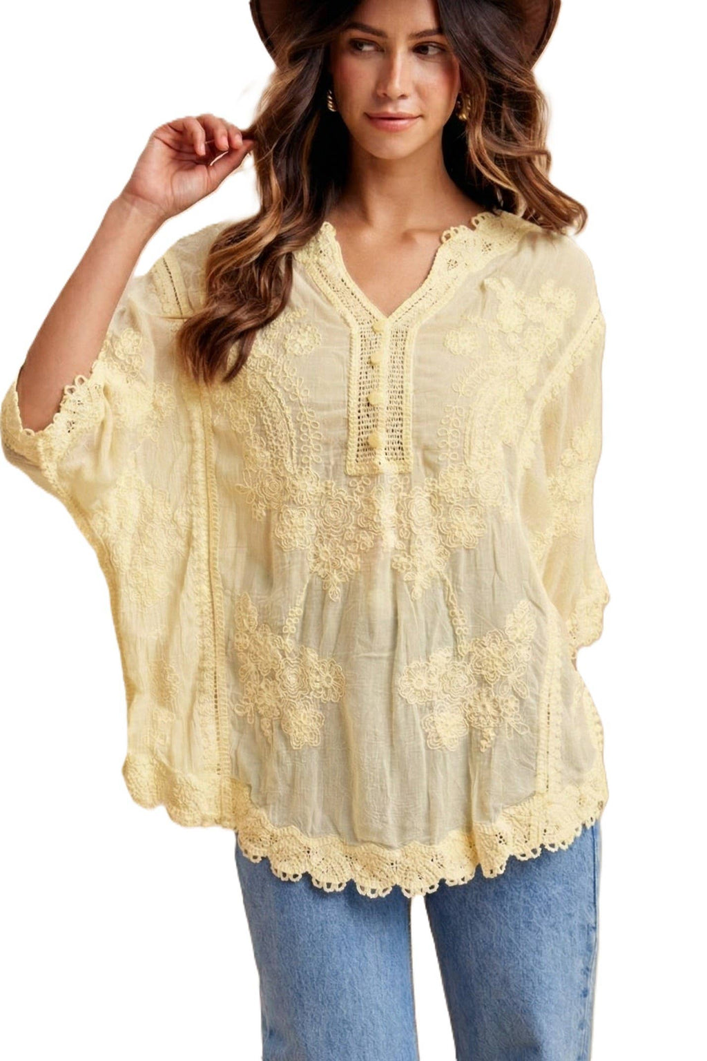 Floral Embroidered Crochet Oversized Blouse