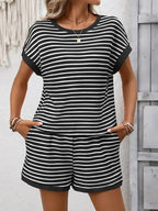 Striped  Relaxed Fit Tee Short Set Lounge Outfit
