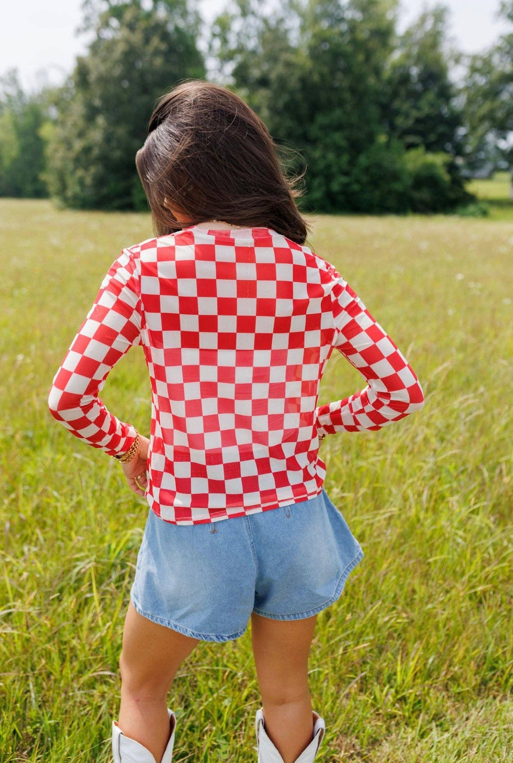 Fest Red Checkerboard Mesh Top