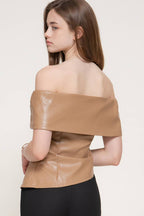 Off Shoulder Assymetrical Hem Faux Leather Top