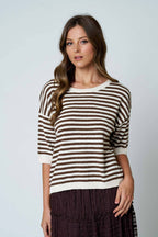STRIPE CONTRAST TRIM SHORT SLEEVE KNIT SWEATER