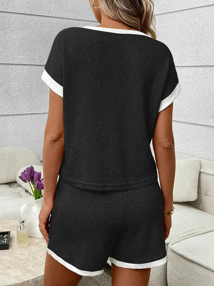 Waffle Knit Lounge Set Casual Shorts Outfit