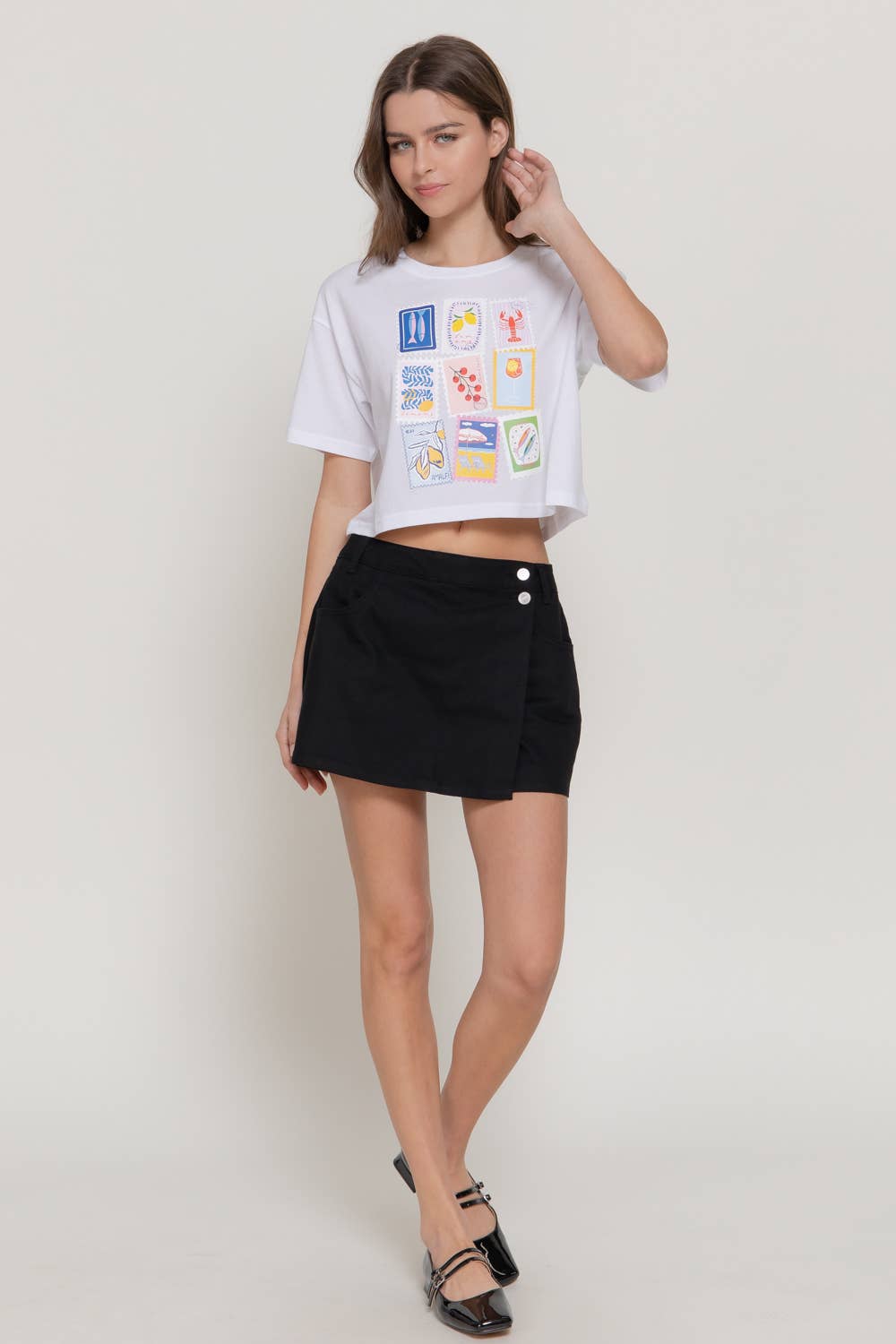 Short Sleeve Round Neck Print Knit Crop Top