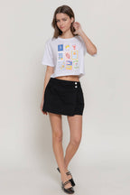 Short Sleeve Round Neck Print Knit Crop Top