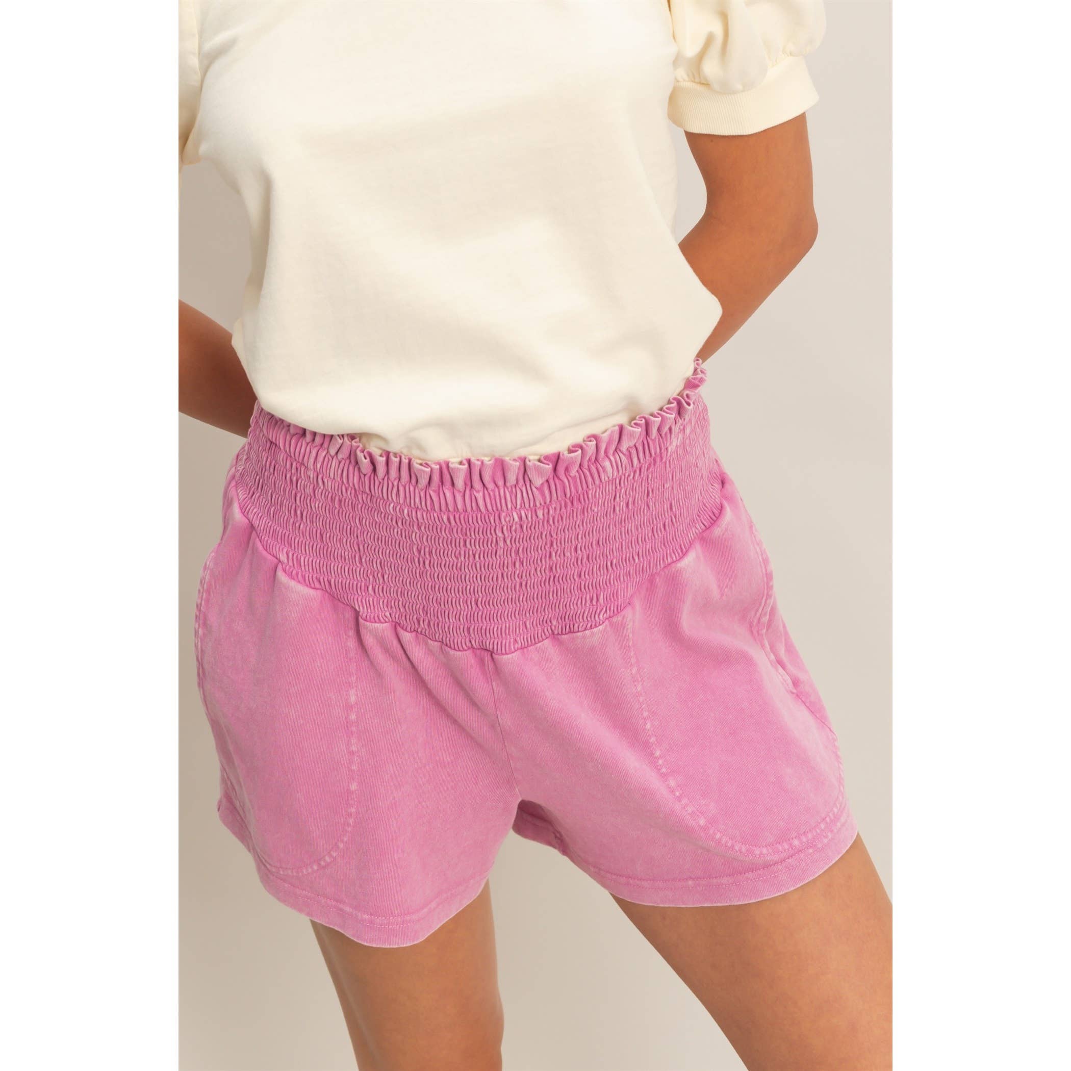 Smocked Waist Mineral Wash Shorts