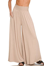 1216 Smocked Waist Wide Leg Palazzo Pants w Pockets SI-29199