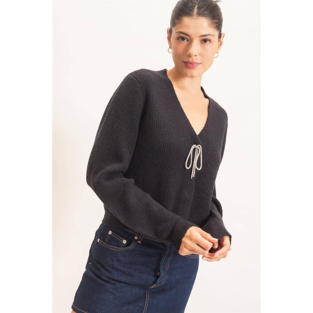 Rhinestone Bow Tie-Front Sweater