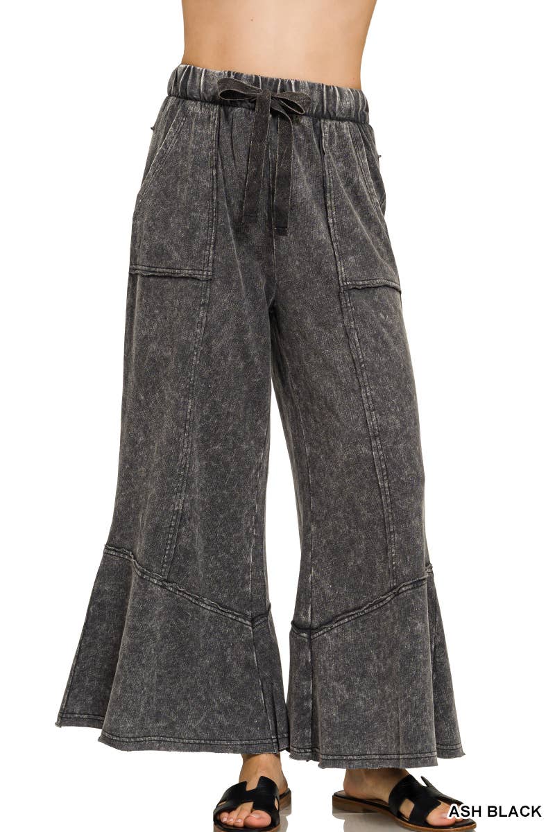 `Acid Washed Flare Hem Pants With Pockets Zenana