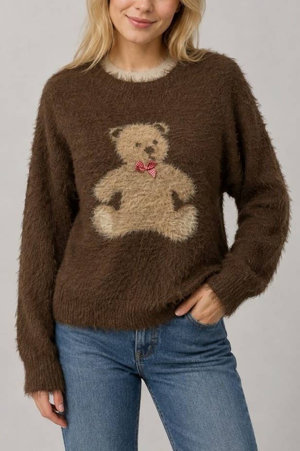 Fuzzy Teddy Bear Appliqué Sweater