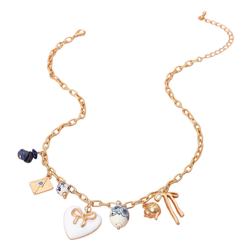 Bow Heart Tea Party Charm Station Necklace
