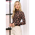 PLUS MESH STRAWBERRY PRINT HIGH NECKLINE CROP TOP