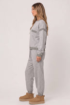 NT12845SET-Contrast Rib Trim Heathered Knit Lounge Set