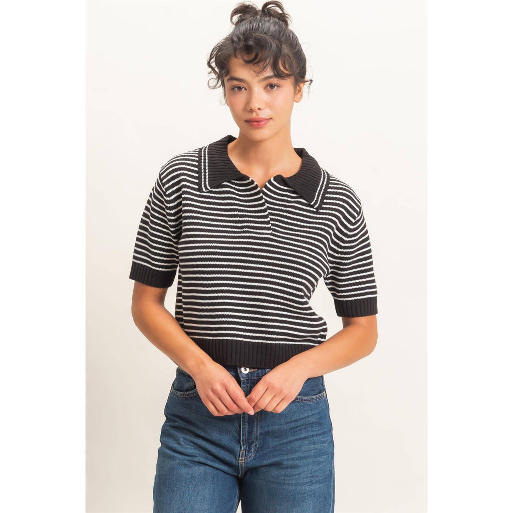 Striped Short Sleeve Collar Knit Top