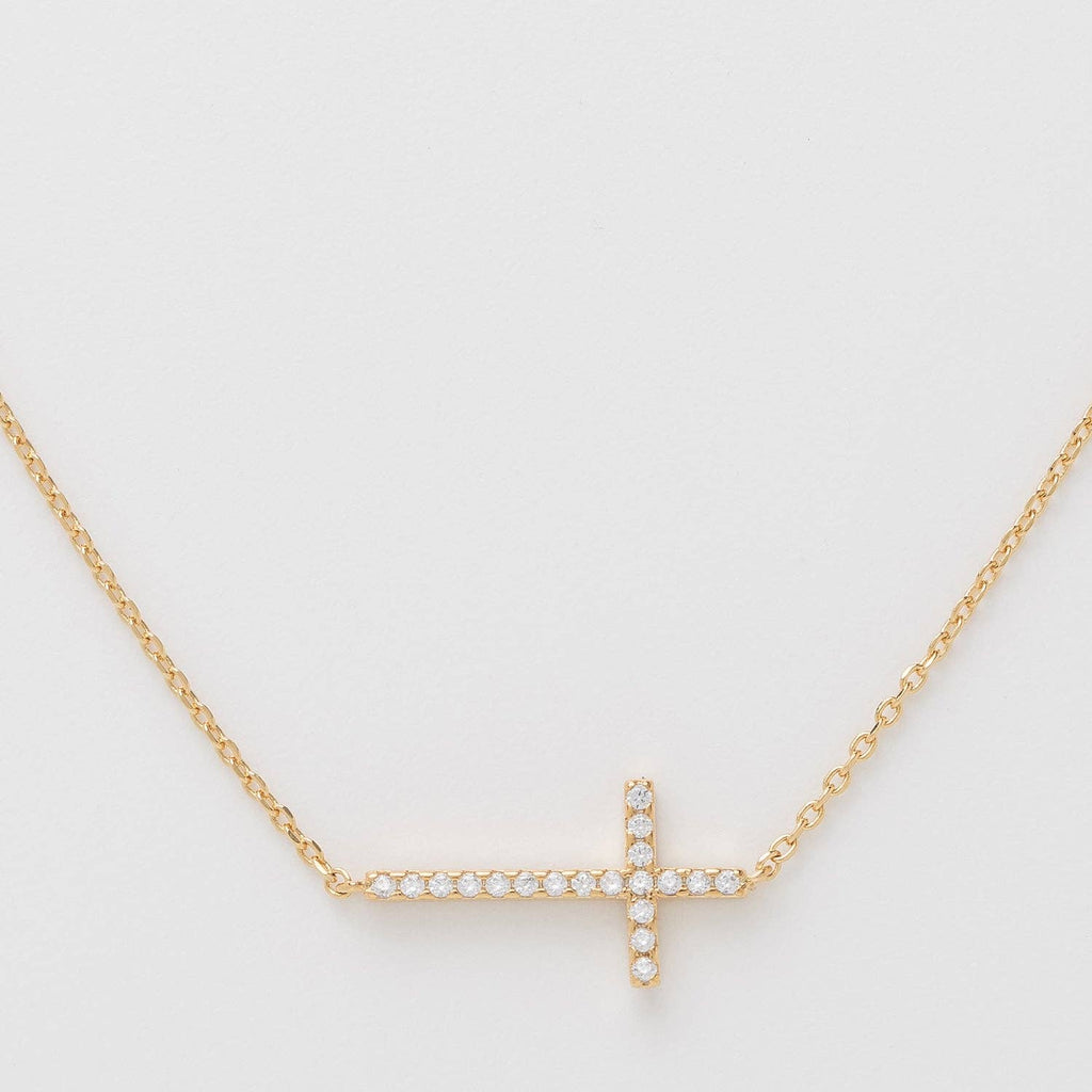18K Gold Dipped CZ Sideways Cross Necklace