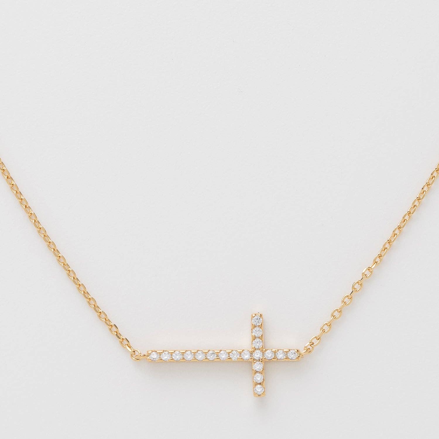 18K Gold Dipped CZ Sideways Cross Necklace