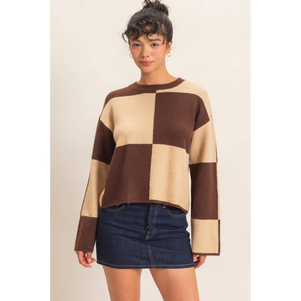 Crew Neck Checkered Sweater