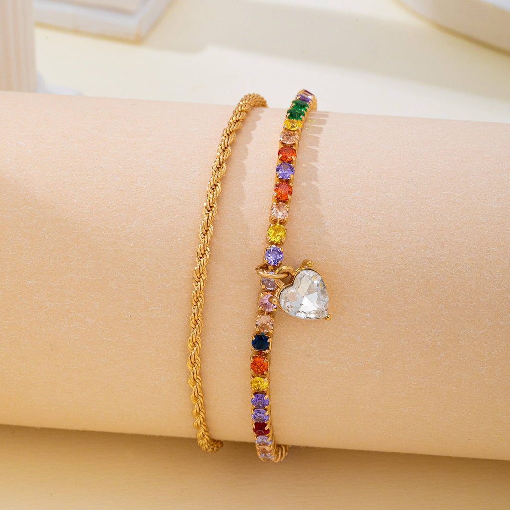 Multi-Color Crystal Heart Charm Tennis Bracelet | 80B1829