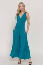Sleeveless Double V-Neck Surplice Knit Jumpsuit