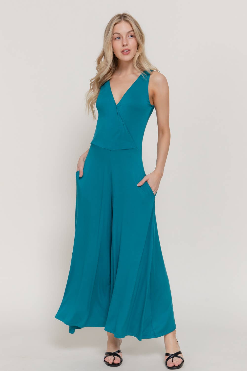 Sleeveless Double V-Neck Surplice Knit Jumpsuit