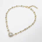14K Gold Plated Quatrefoil CZ Charm Accent Industrial Link Necklace