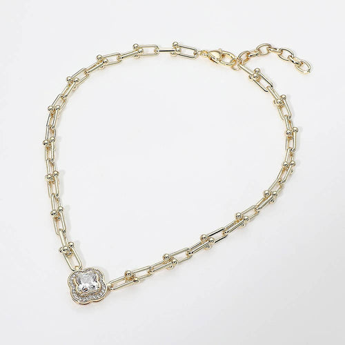 14K Gold Plated Quatrefoil CZ Charm Accent Industrial Link Necklace
