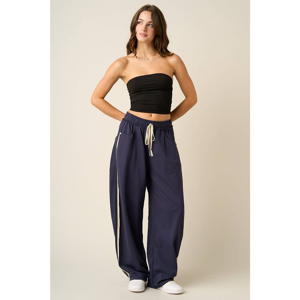 LACE TRIM BARREL LEG DRAWSTRING PANTS