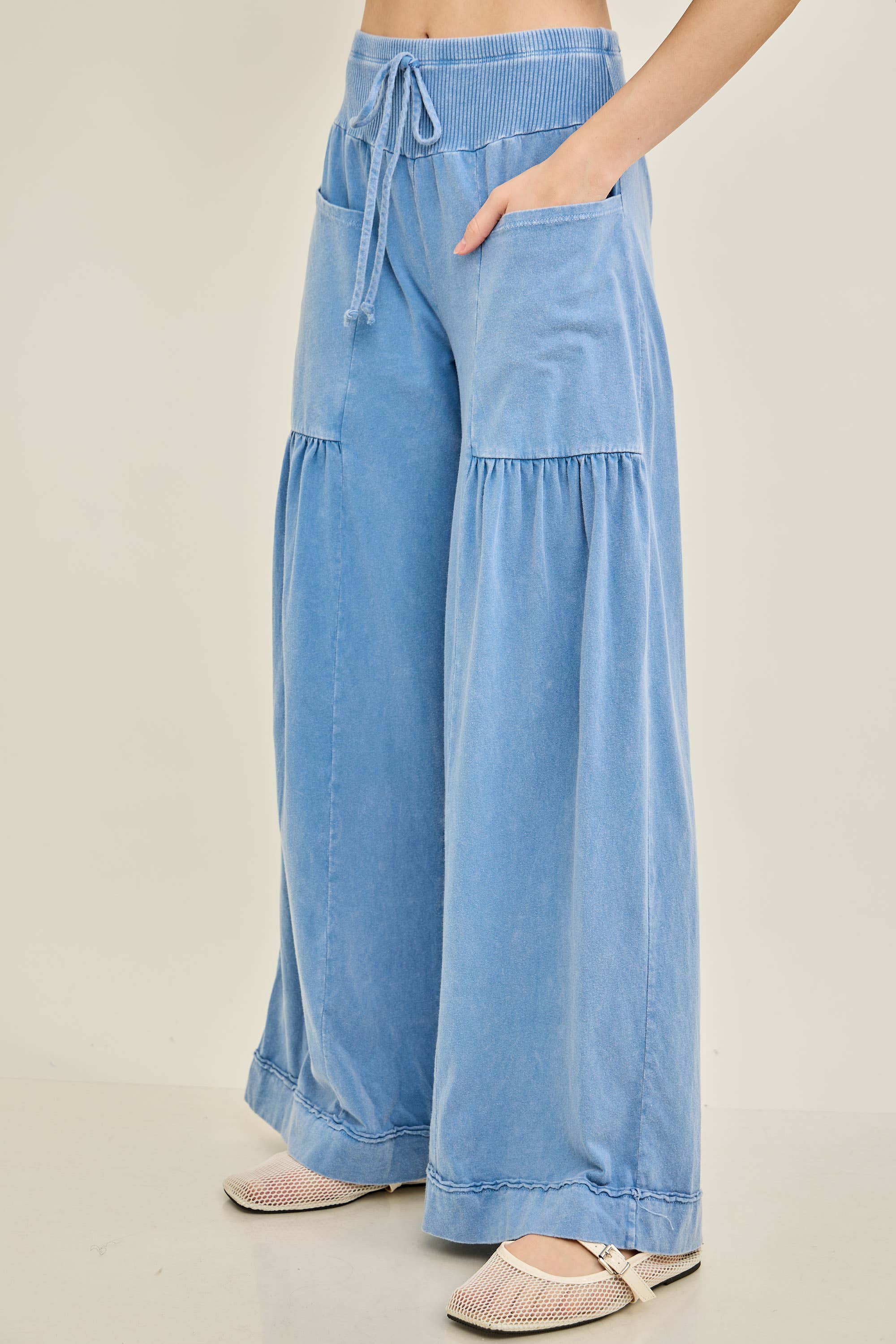 Mineral Washed Boho waist band wideleg cropped pants HP5900