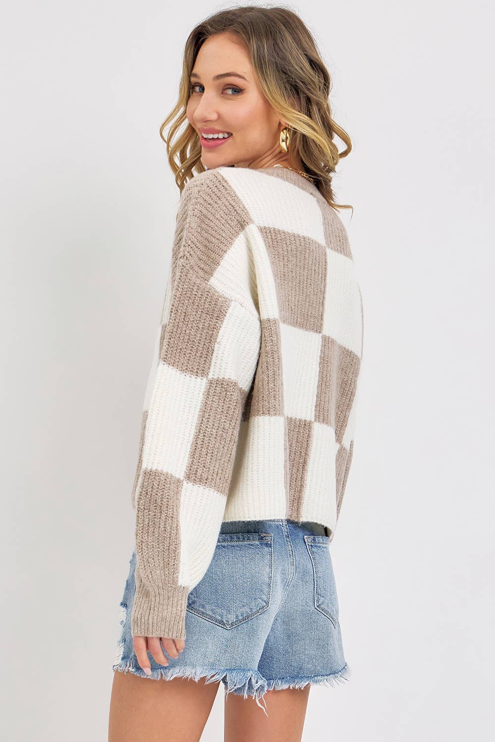 CASUAL SOFT COZY  RELAXED FIT CHECKER KNIT SWEATER