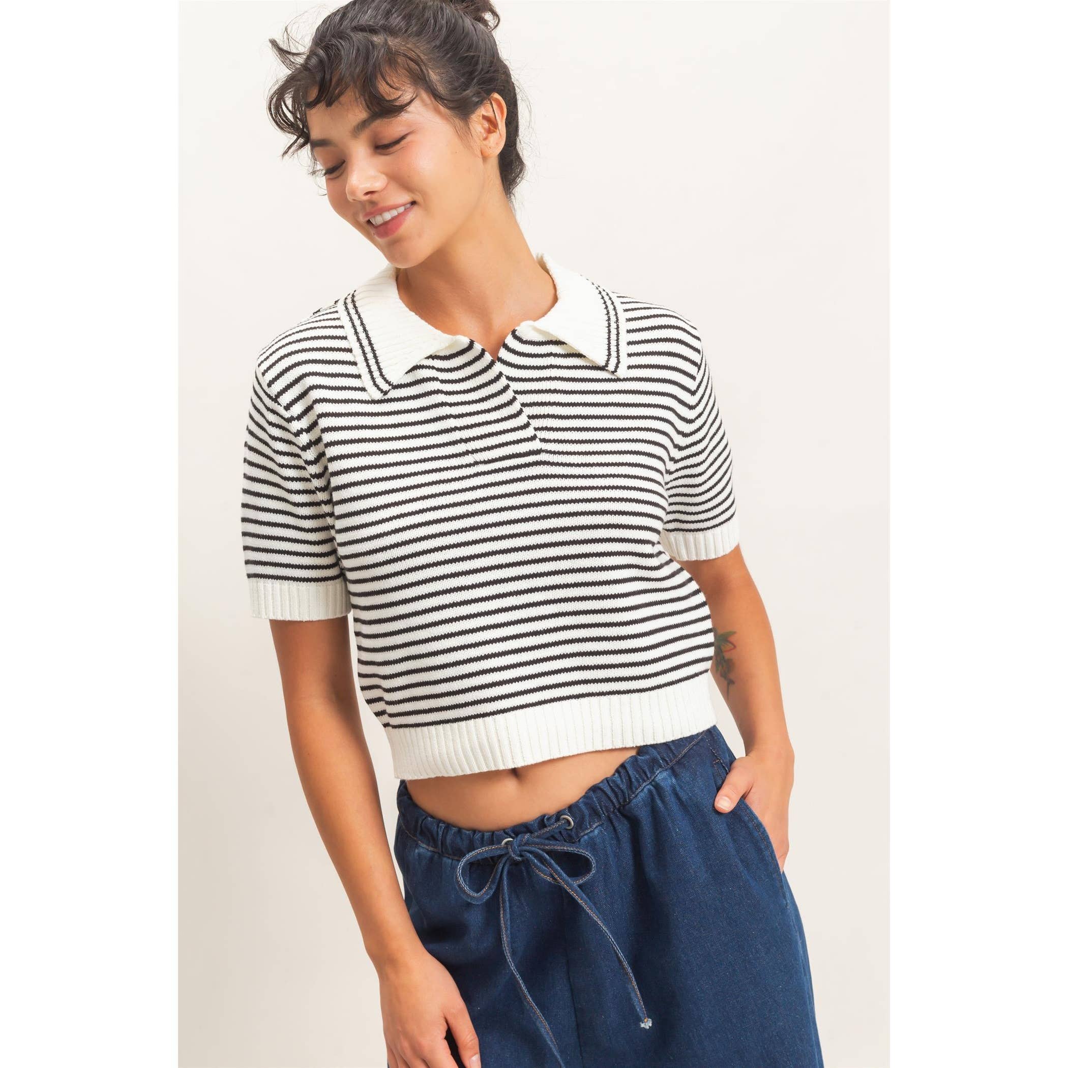 Striped Short Sleeve Collar Knit Top