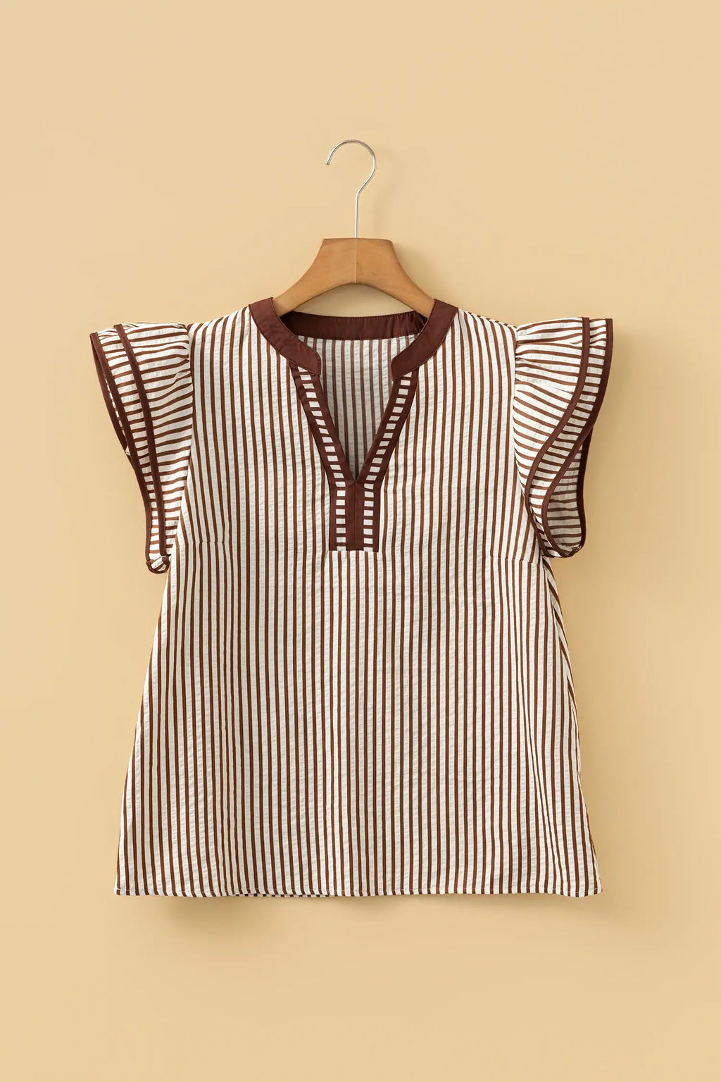 Stripe Double Ruffled Short Sleeve V Neck Blouse