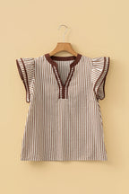 Stripe Double Ruffled Short Sleeve V Neck Blouse