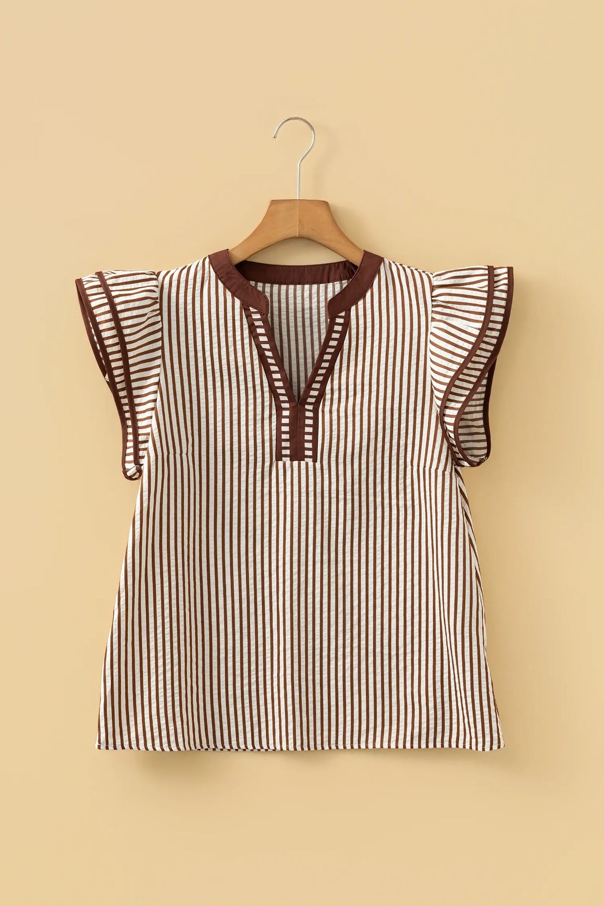 Stripe Double Ruffled Short Sleeve V Neck Blouse